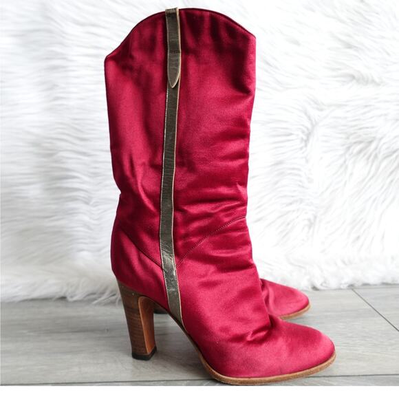 Vintage Casadei Red Satin Country Rodeo Western Cowboy Boots - Picture 1 of 16